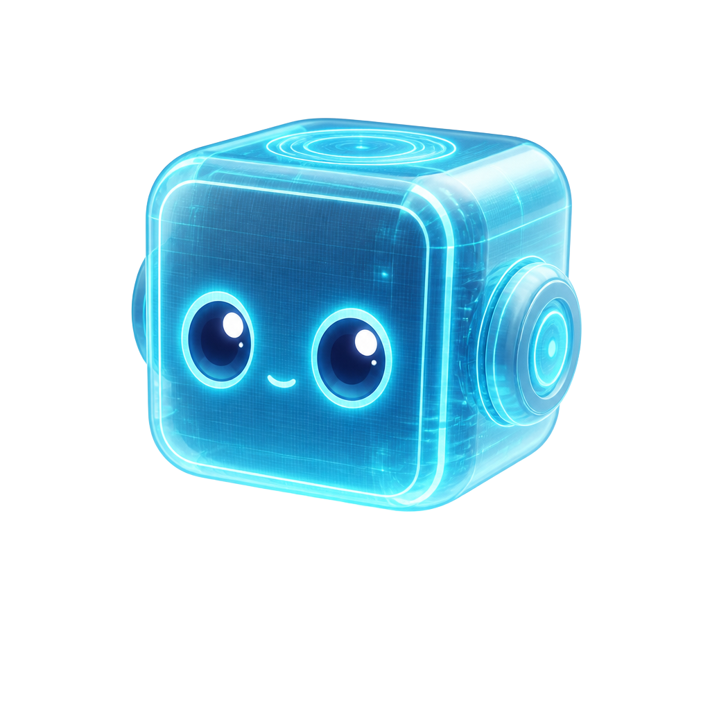 Chatti, a friendly glowing holographic cube with big eyes