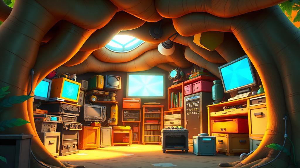 Slow pan across a cluttered high-tech lab inside a hollow baobab tree.